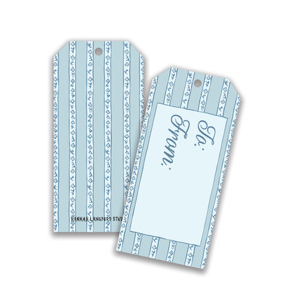 Blue gift tag with a striped floral design.