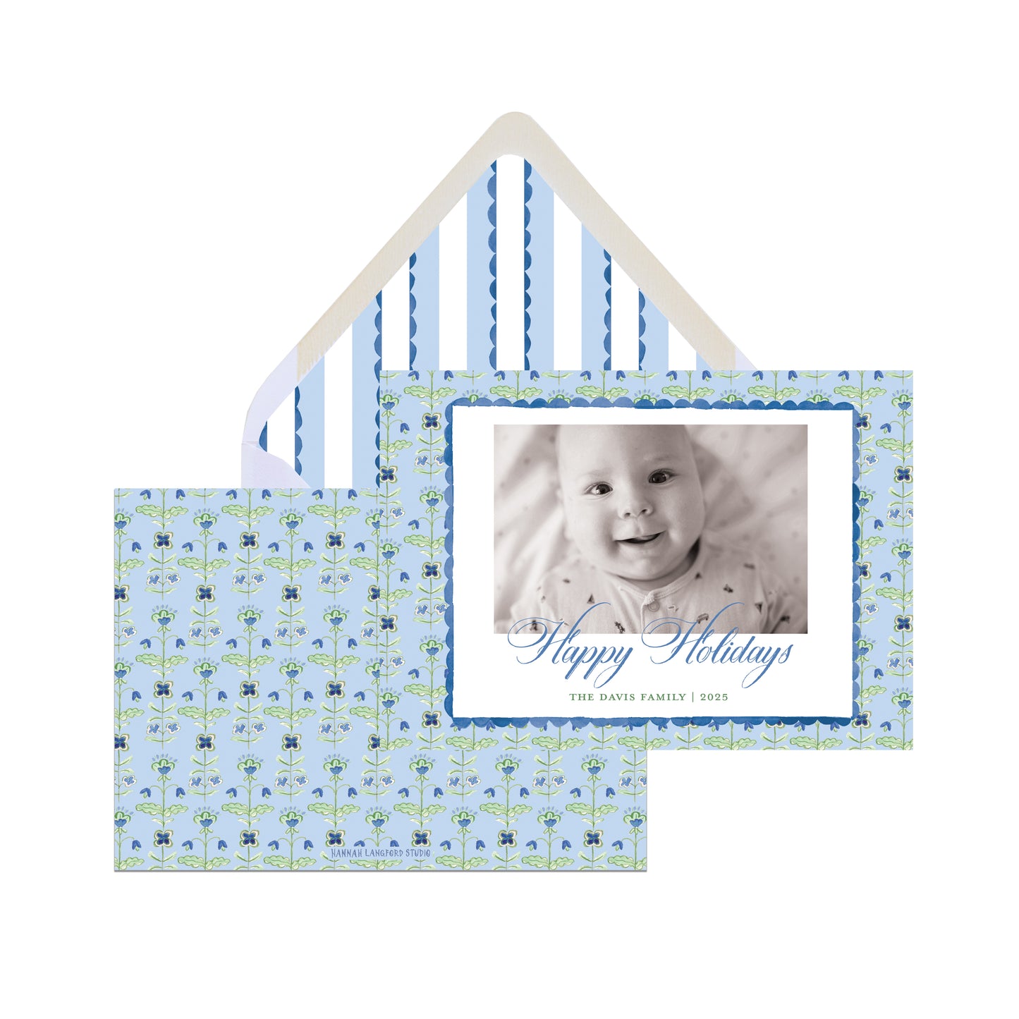 Blue Block Print Christmas Card