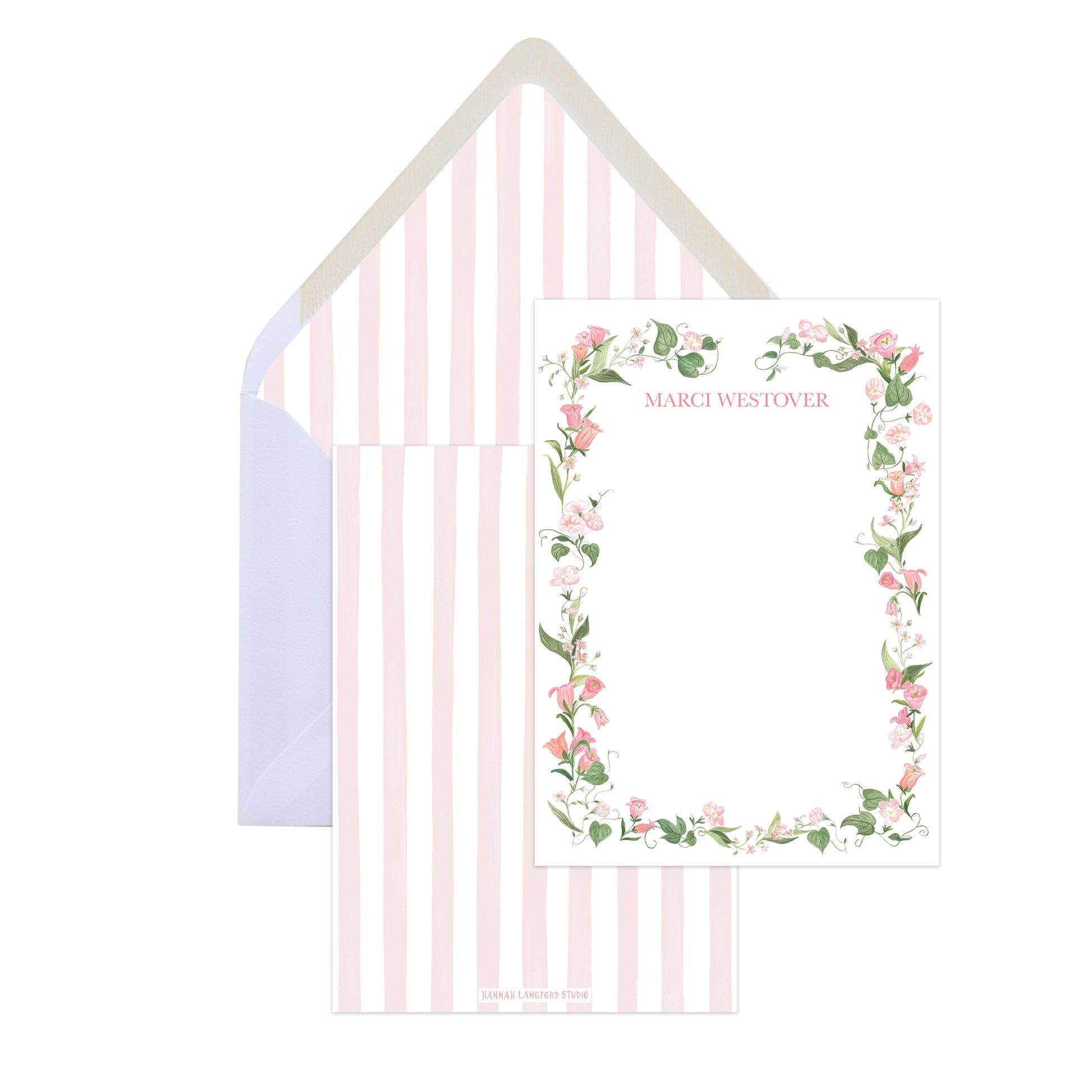 Floral wreath design card with striped envelope on a white background