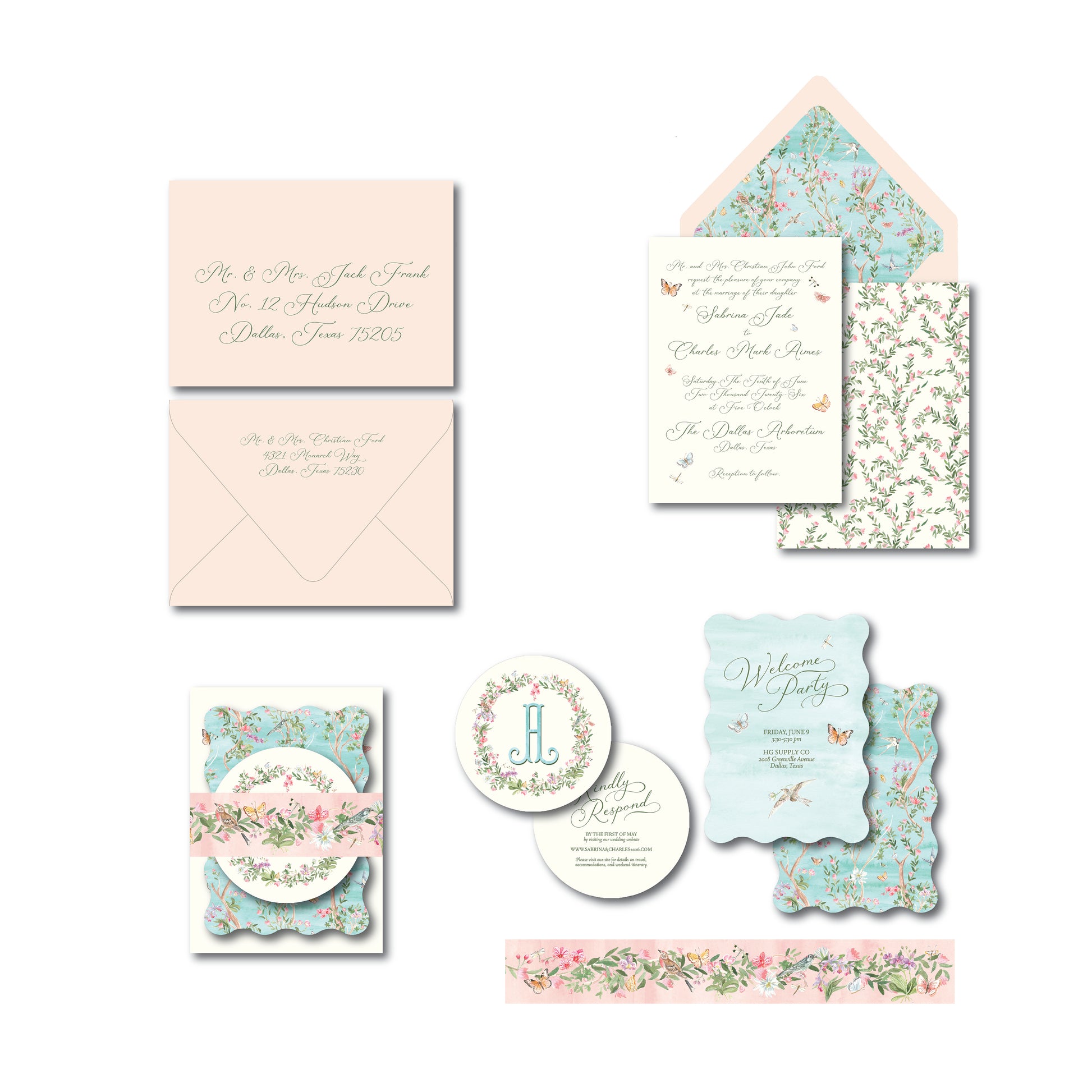 Colorful wedding invitation with floral illustrations.