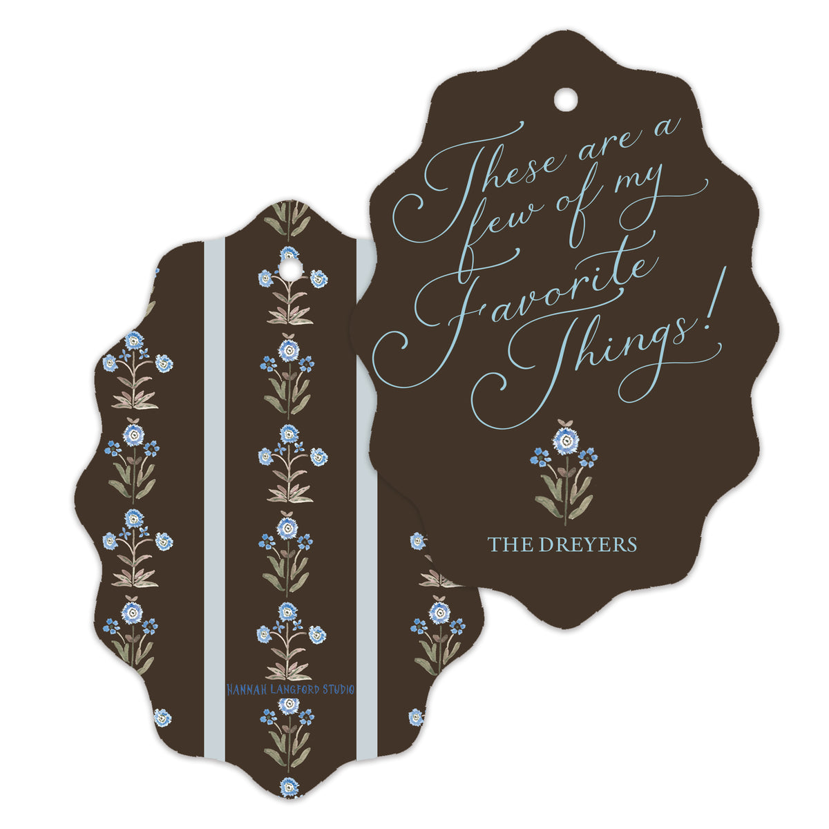 Decorative tag with floral design and text on a white background