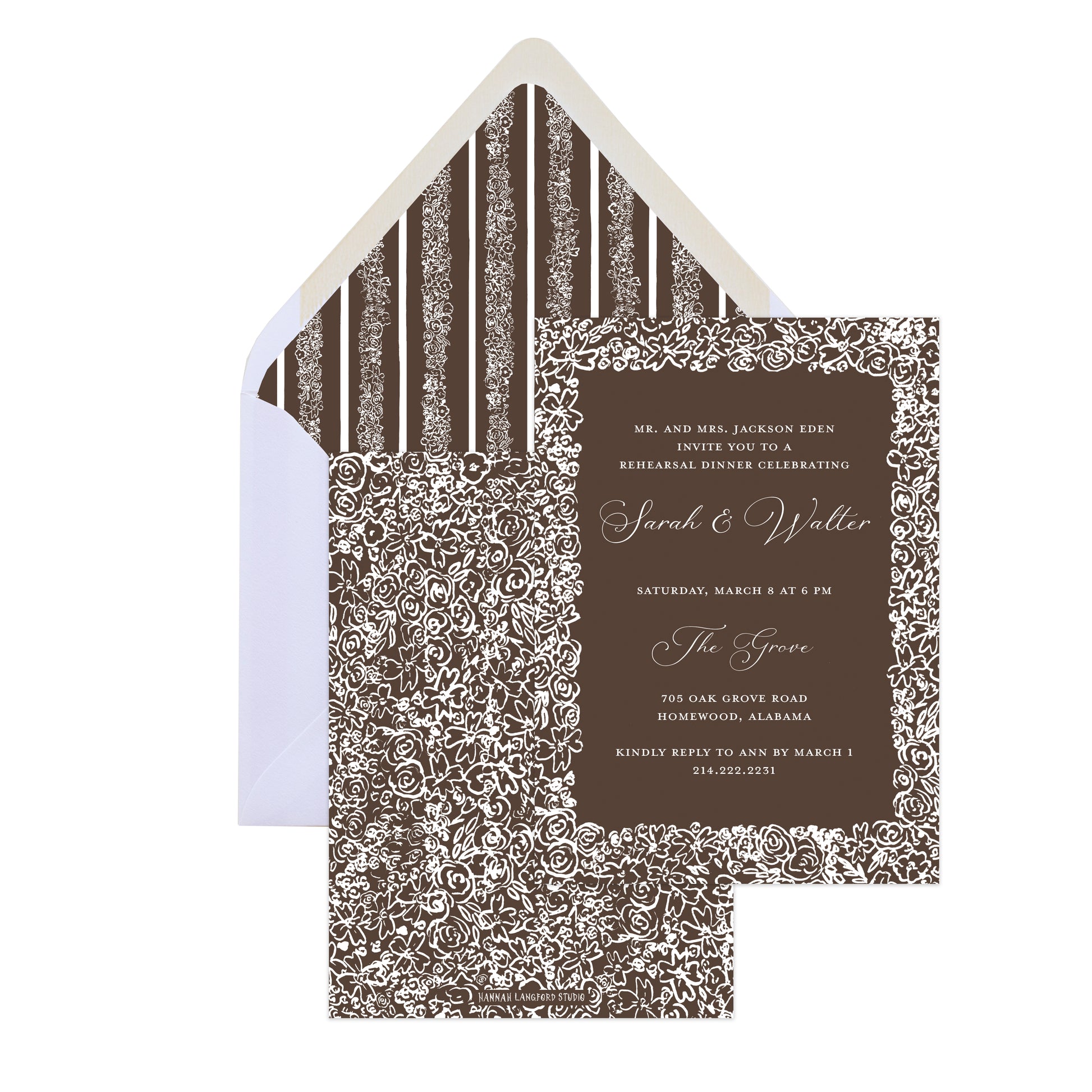 Invitation card with decorative border and envelope on a white background