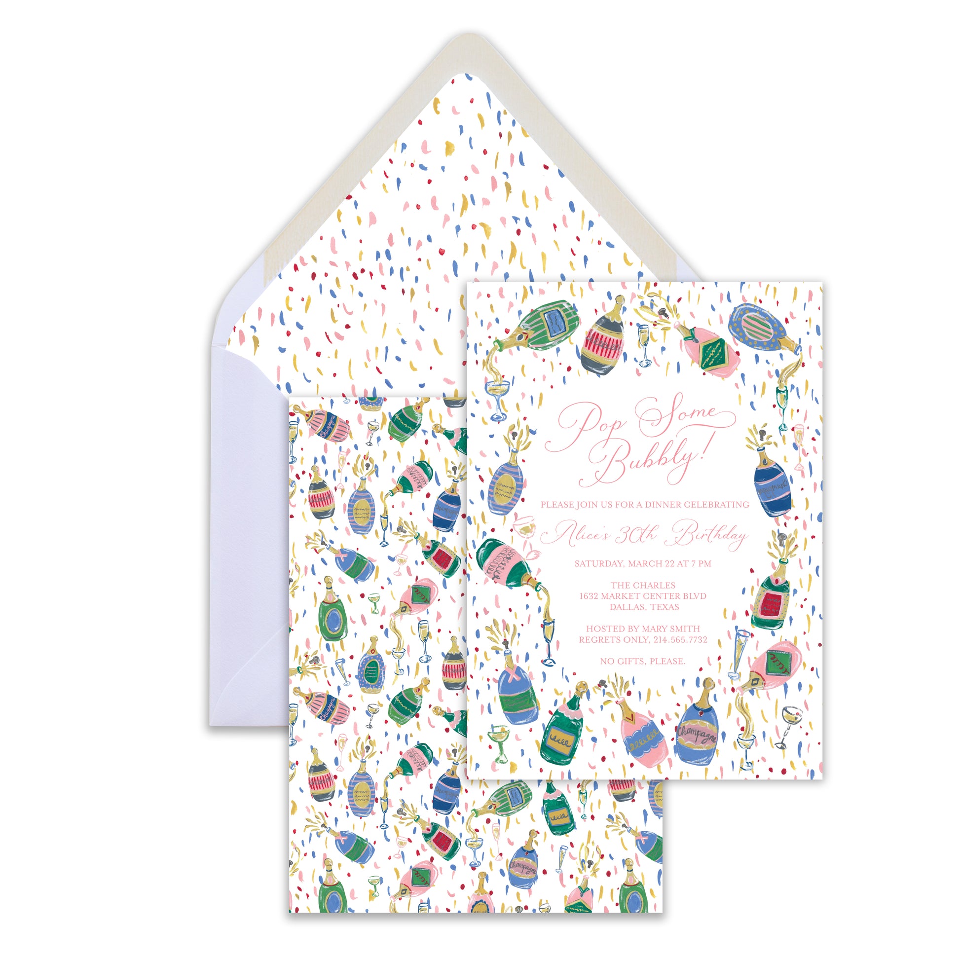 Birthday card with colorful confetti pattern and envelope on a white background