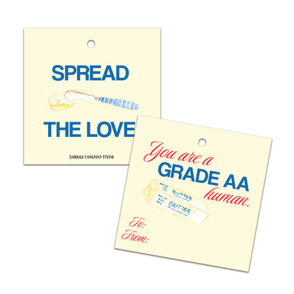 Two square gift tags with one featuring the text 'SPREAD THE LOVE' and the other saying 'You are a GRADE AA human. To:______' with a space for a personalized name.