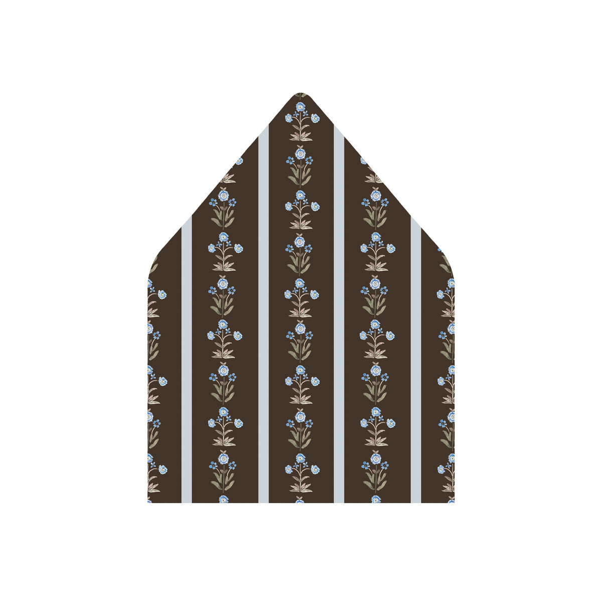 A pointed envelope flap or paper insert with a dark brown background, vertical white stripes, and a repeating floral pattern in beige and light blue, shown on a plain white background.
