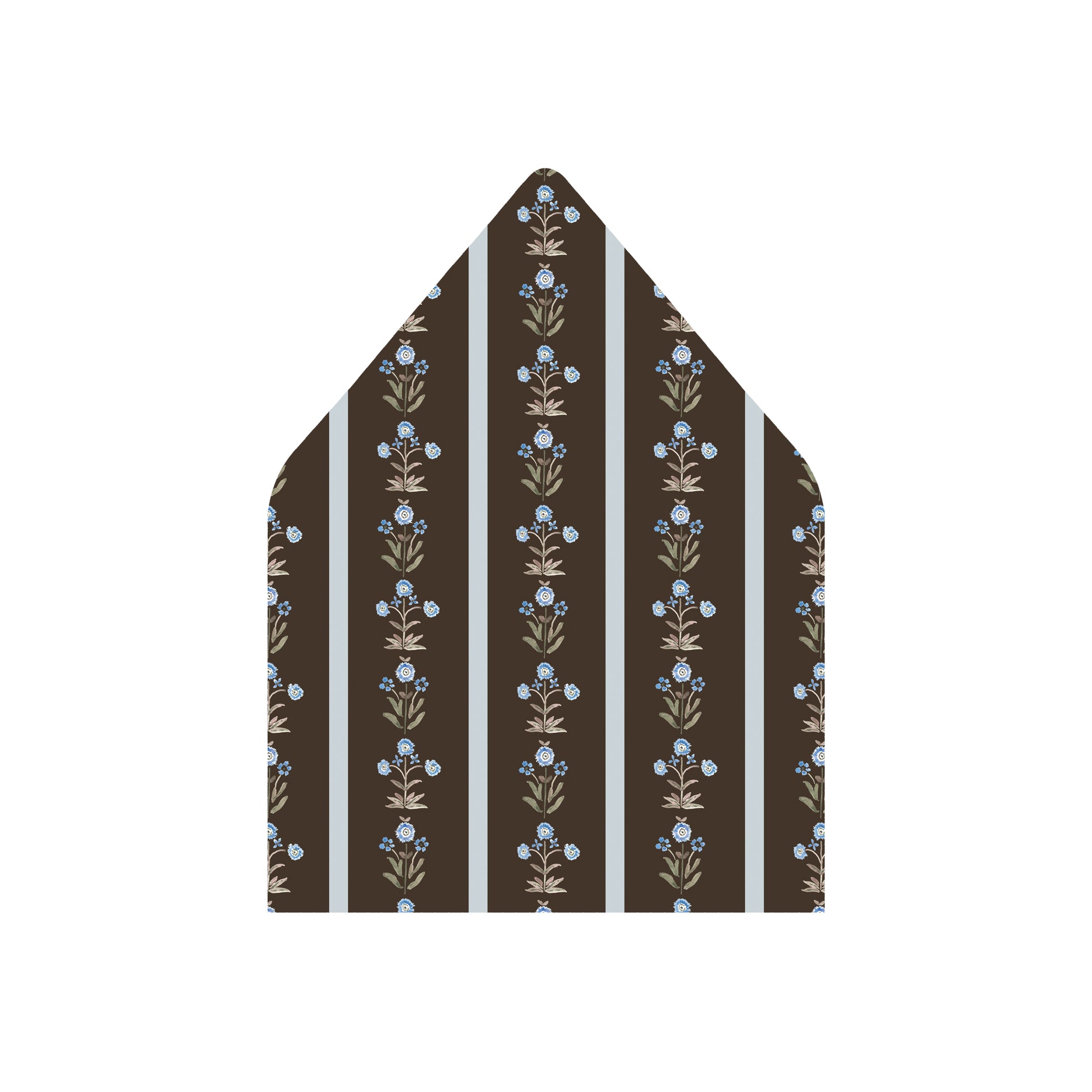 A pointed envelope flap or paper insert with a dark brown background, vertical white stripes, and a repeating floral pattern in beige and light blue, shown on a plain white background.