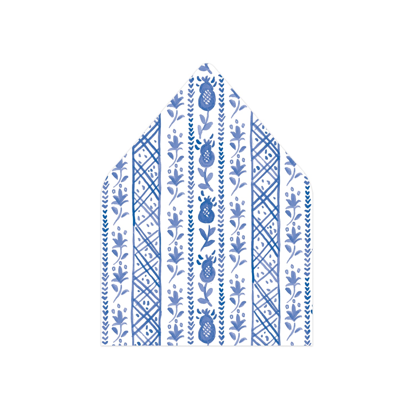A envelope liner featuring a blue and white vertical tribal pattern with floral, geometric, and stylized bird motifs, shown on a plain white background.