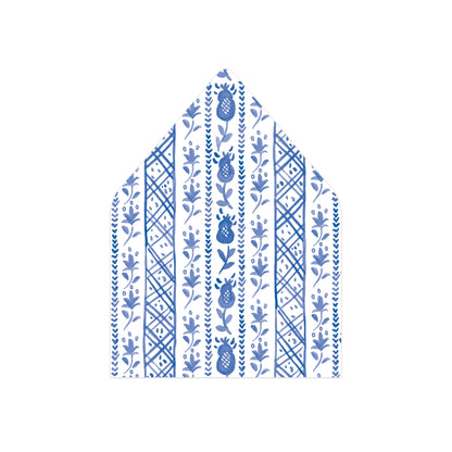 A envelope liner featuring a blue and white vertical tribal pattern with floral, geometric, and stylized bird motifs, shown on a plain white background.