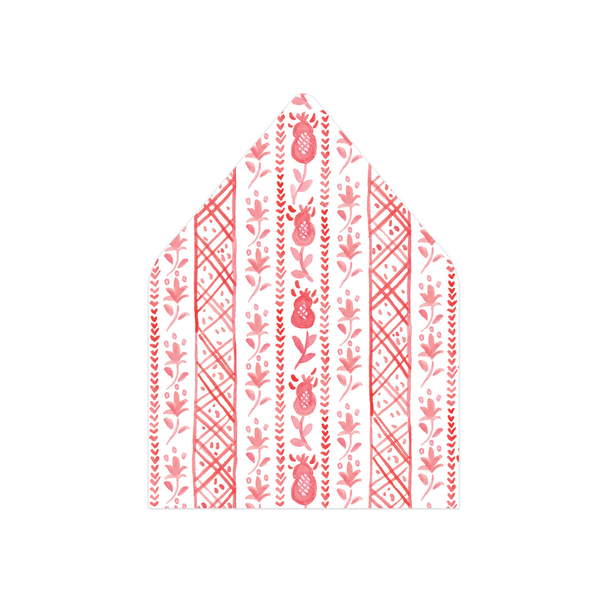 A single patterned envelope flap or liner shown flat against a plain white background. The item is white with a repeating coral-red botanical and geometric print, including leaves, floral motifs, and vertical striped patterns.