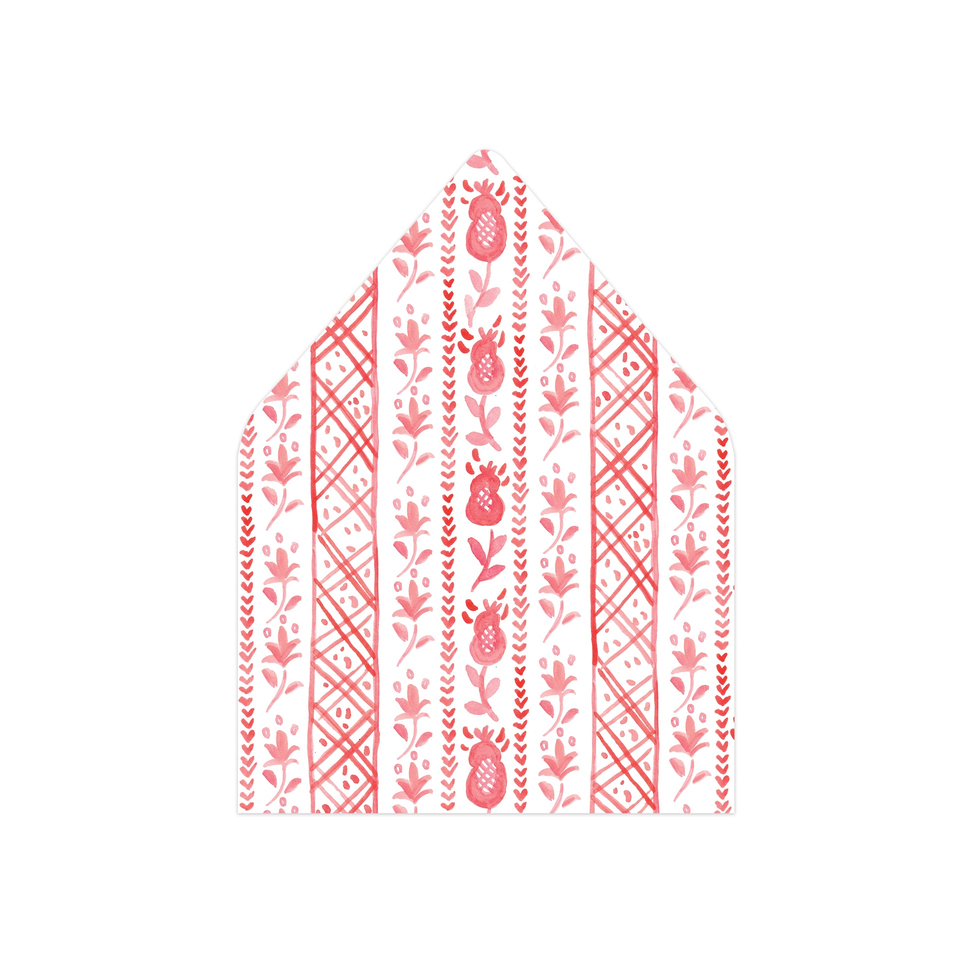 A single patterned envelope flap or liner shown flat against a plain white background. The item is white with a repeating coral-red botanical and geometric print, including leaves, floral motifs, and vertical striped patterns.