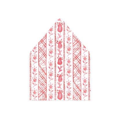 A single patterned envelope flap or liner shown flat against a plain white background. The item is white with a repeating coral-red botanical and geometric print, including leaves, floral motifs, and vertical striped patterns.