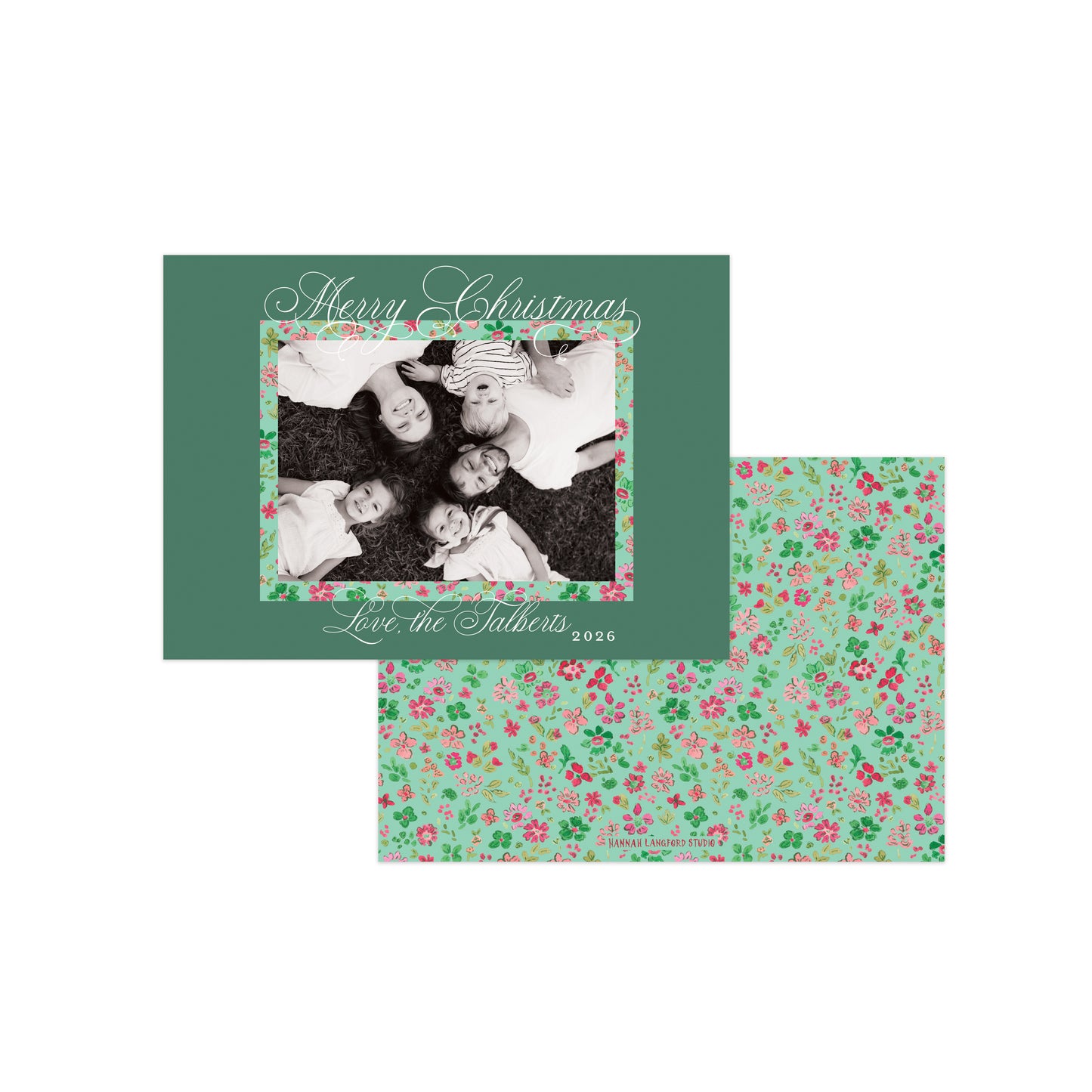 A holiday photo card set shown on a white background, featuring a dark green card with a family photo insert and floral patterned backing cards.