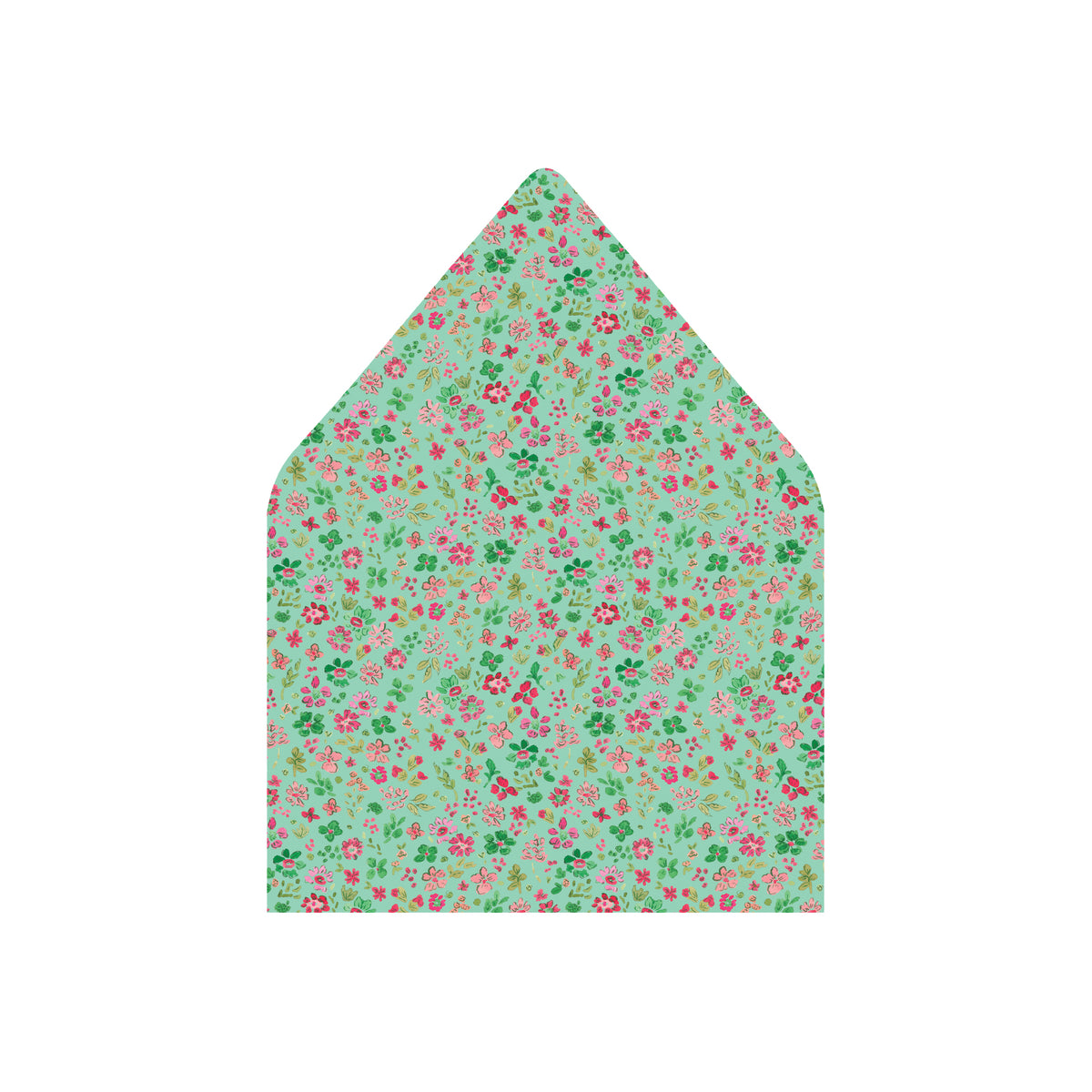 A pointed envelope flap featuring a dense, all-over floral print on a mint green background with pink and red flowers and green leaves, shown against a plain white background.