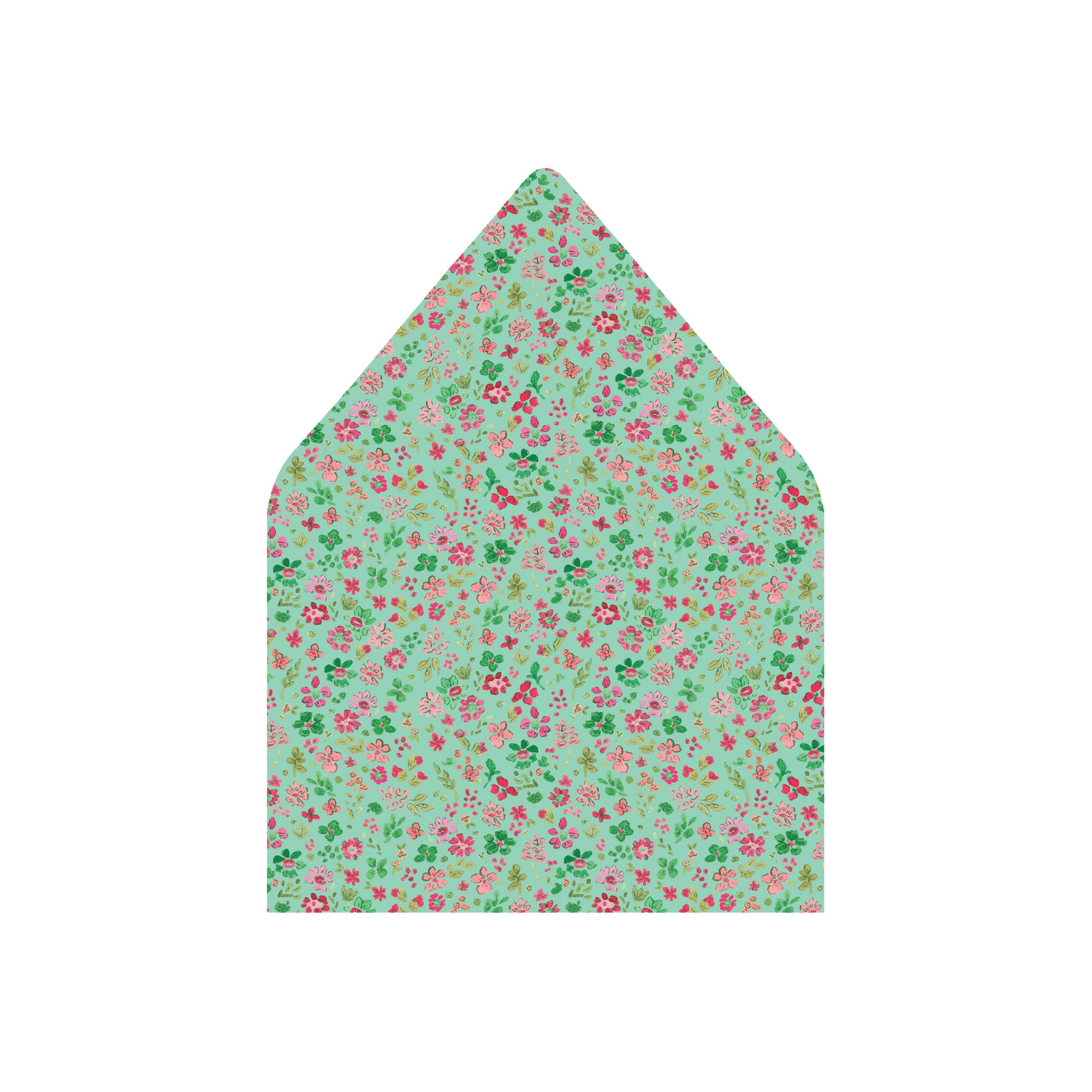 A pointed envelope flap featuring a dense, all-over floral print on a mint green background with pink and red flowers and green leaves, shown against a plain white background.