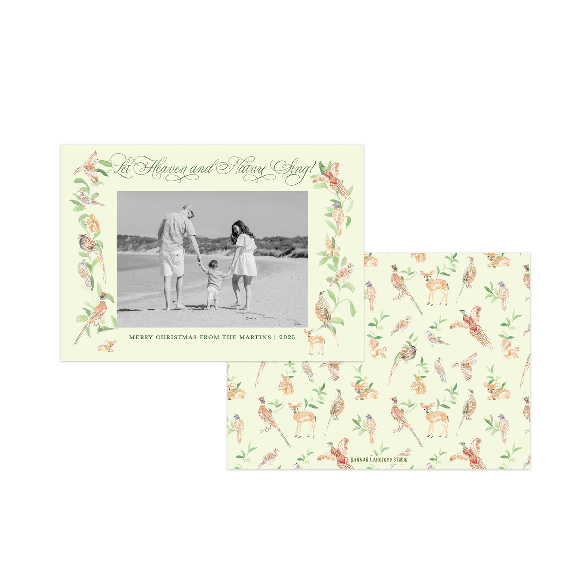 A Christmas greeting card and matching envelope set on a white background. The card has a cream border with delicate watercolor illustrations of birds and foliage, with a central black-and-white family photo.