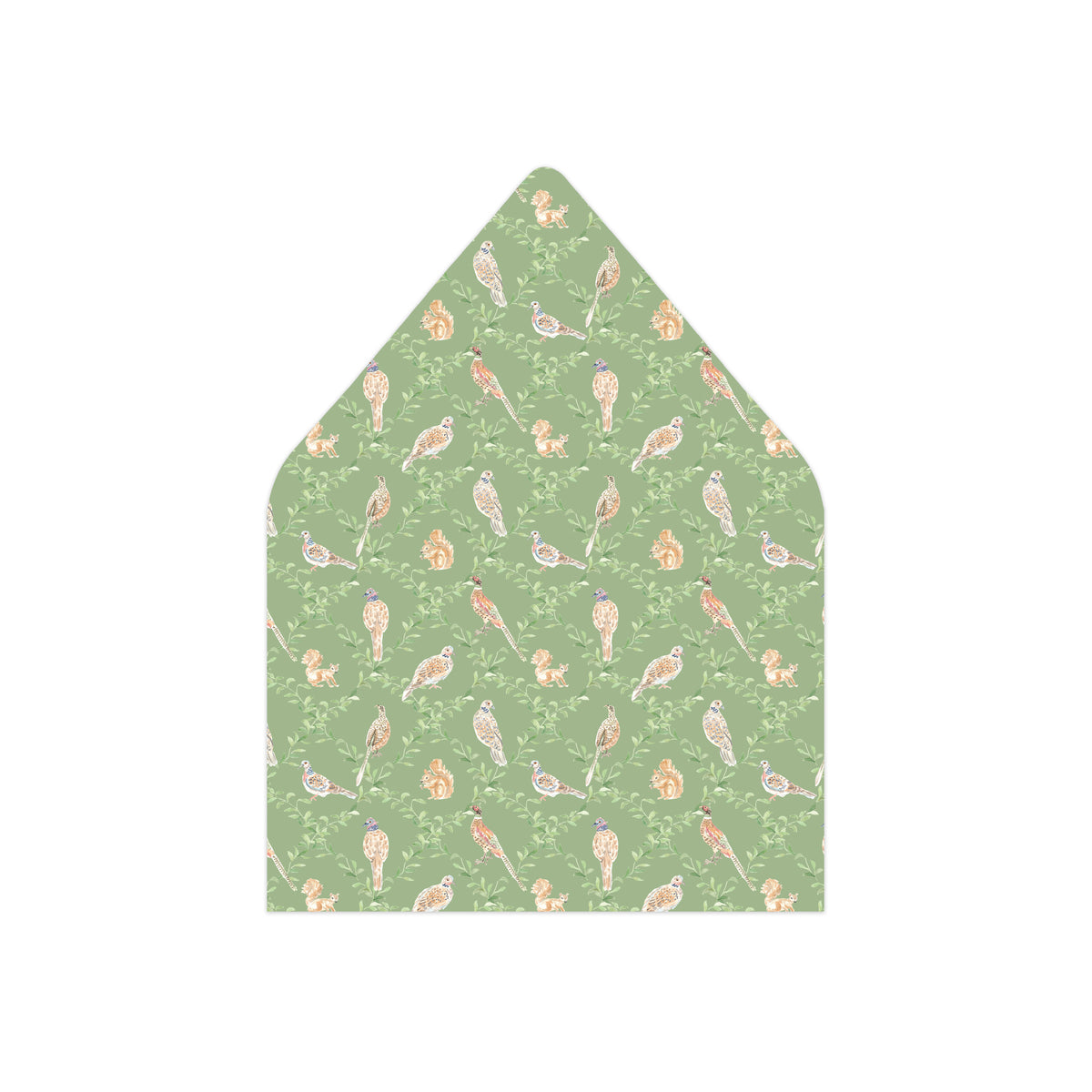 A pointed envelope liner featuring a repeating pattern of small birds, squirrels, and acorns in muted orange, beige, and purple tones on a sage green background, shown on a plain white background.