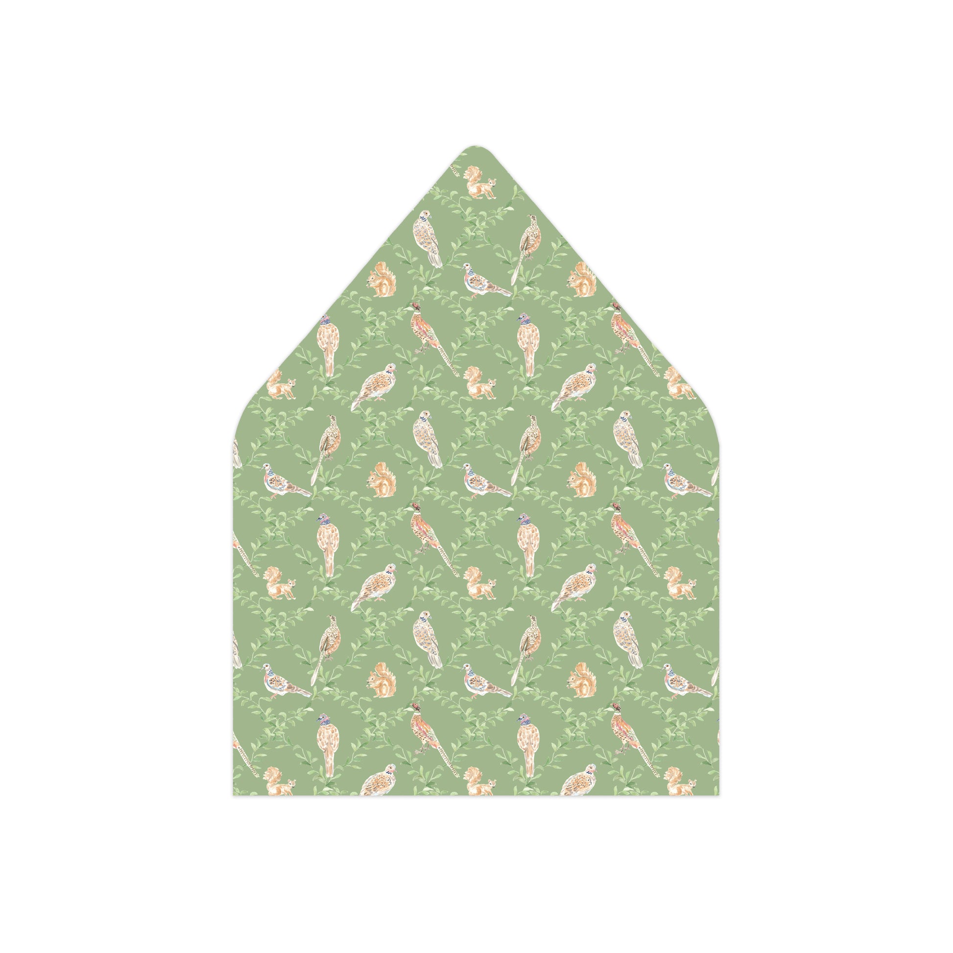 A pointed envelope liner featuring a repeating pattern of small birds, squirrels, and acorns in muted orange, beige, and purple tones on a sage green background, shown on a plain white background.