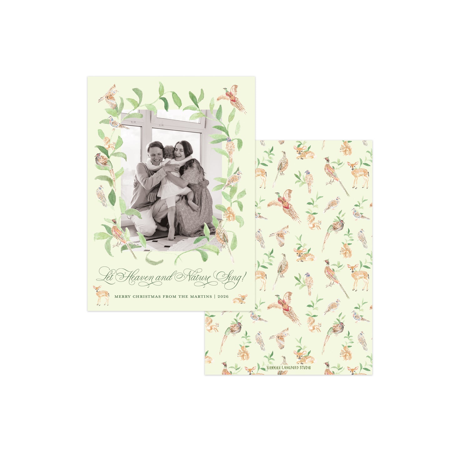 A Christmas greeting card set with a front cover featuring a vintage-style family photo framed by green leaves and small birds, and a matching patterned card shown behind it on a white background.