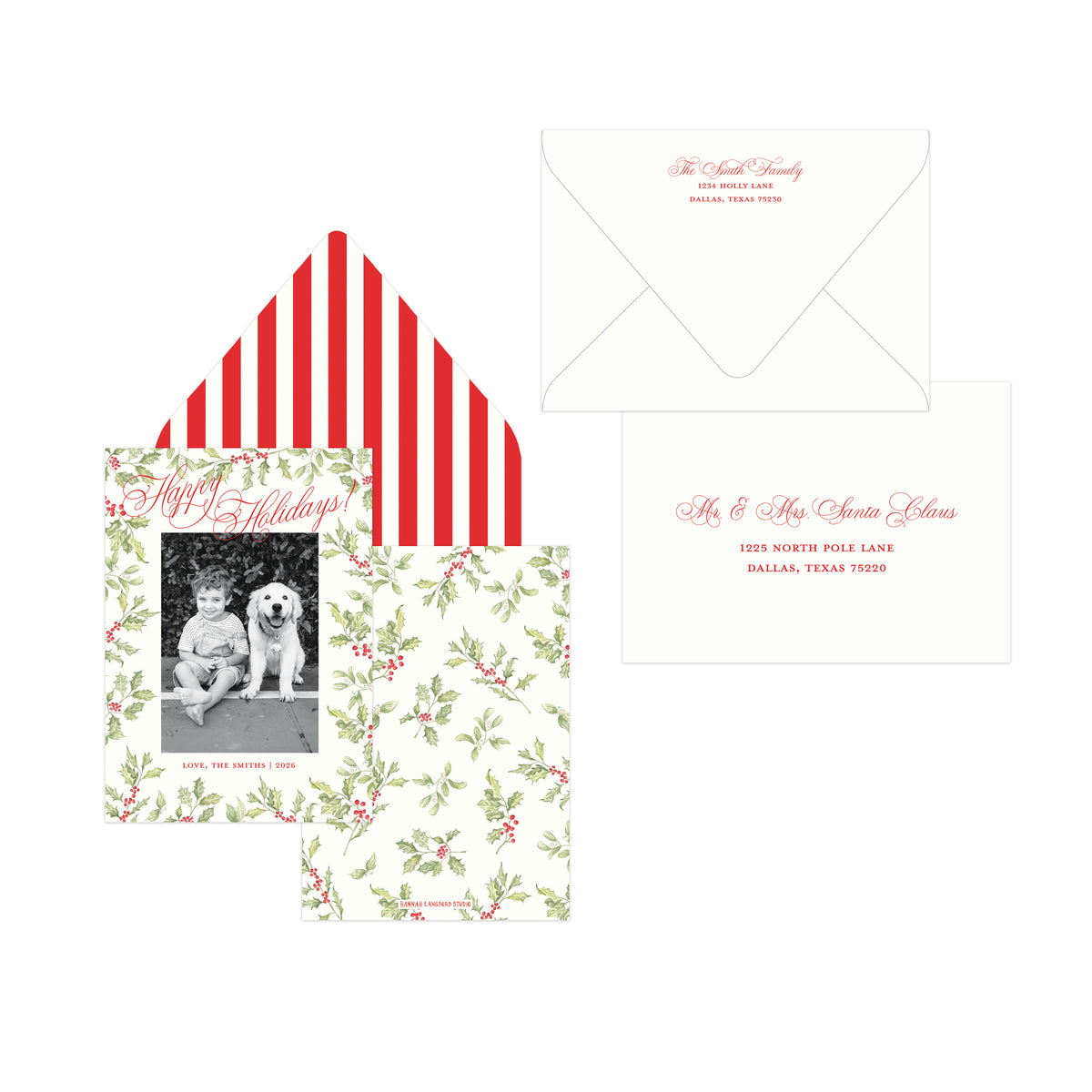 A coordinated stationery set on a white background, including a floral greeting card with a black-and-white family photo, a red-and-white striped envelope, a white envelope, and a white address card with red script text.