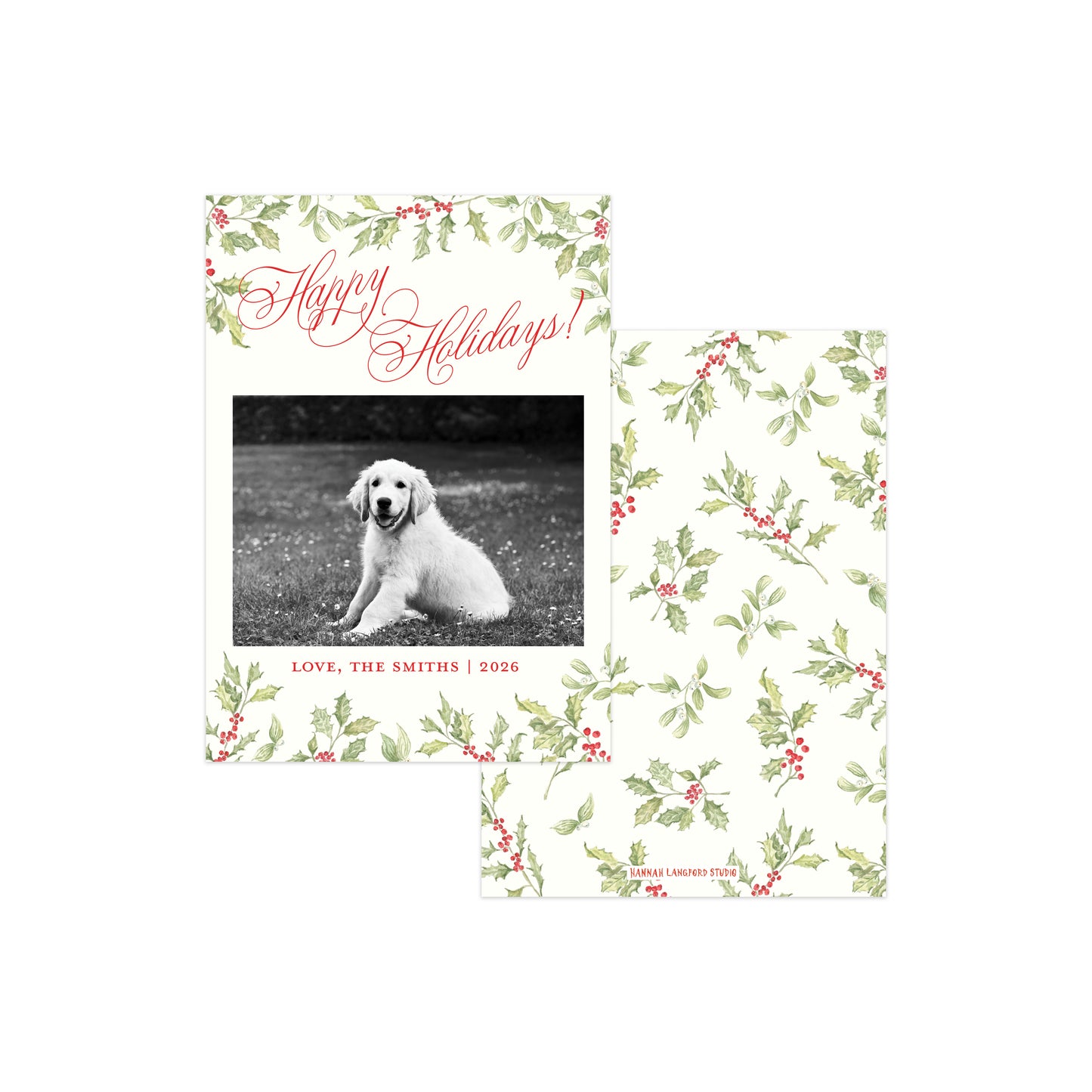 Two holiday greeting cards with a white background, decorated with a green holly and red berry floral pattern. 