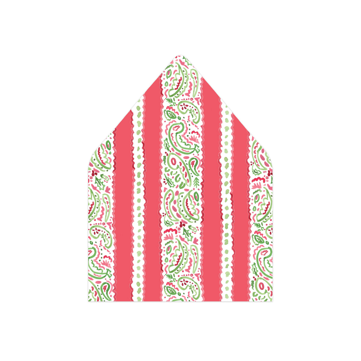 An envelope flap featuring vertical stripes of solid coral pink, white with green paisley, and white with green polka dots, set against a plain white background.