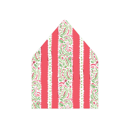 An envelope flap featuring vertical stripes of solid coral pink, white with green paisley, and white with green polka dots, set against a plain white background.