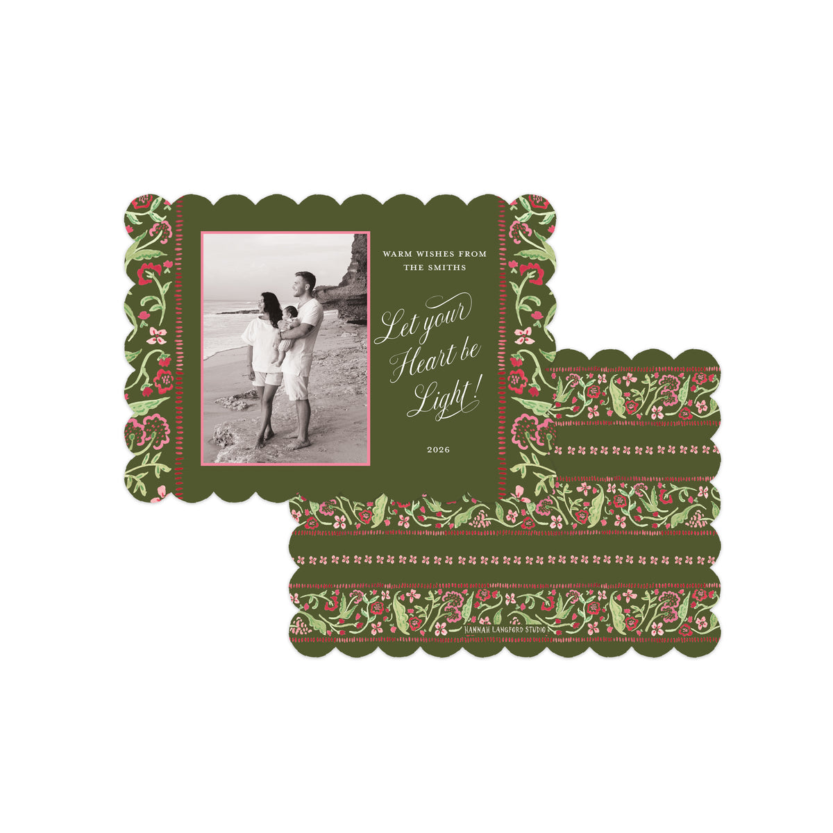A vintage-style holiday greeting card set with a dark olive green background, scalloped edges, and a red and green floral border. The main card features a black-and-white photo of a couple on a beach.
