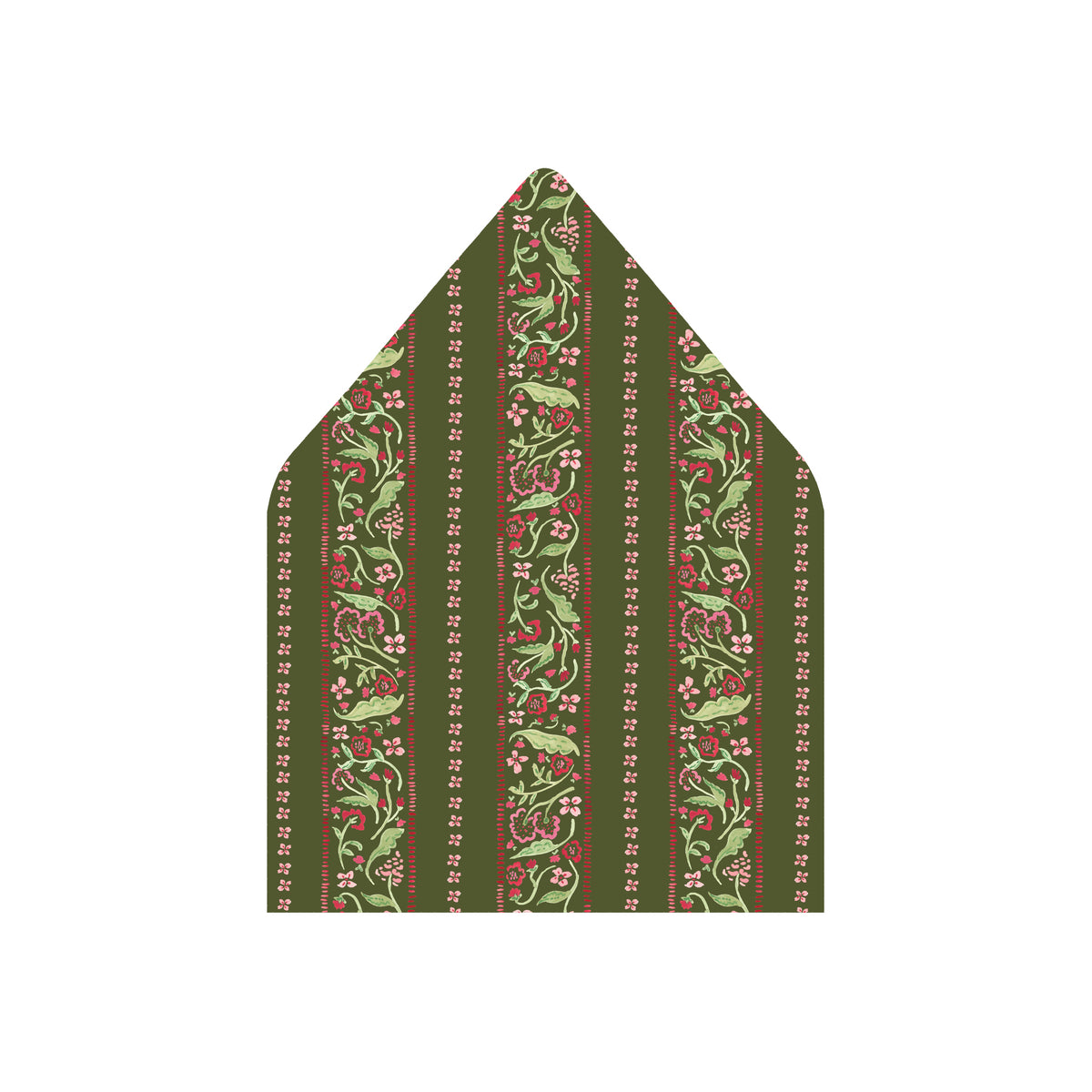 A single envelope liner shown flat on a plain white background, featuring a vertical botanical pattern in olive green, red, and cream.
