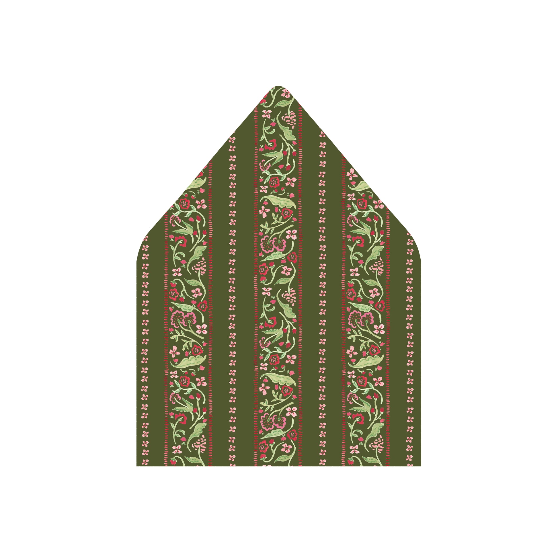 A single envelope liner shown flat on a plain white background, featuring a vertical botanical pattern in olive green, red, and cream.