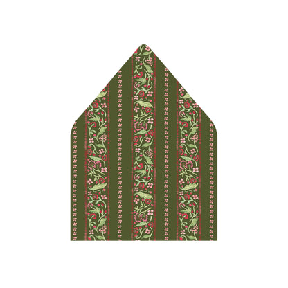 A single envelope liner shown flat on a plain white background, featuring a vertical botanical pattern in olive green, red, and cream.
