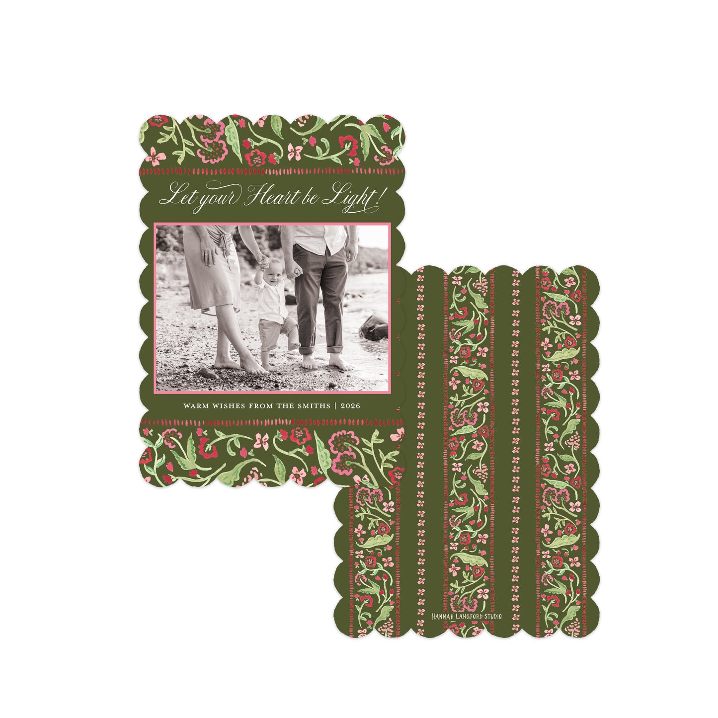 A set of holiday-themed scrapbooking cards with scalloped edges, featuring a green and red floral pattern, a central photo placeholder, and decorative text on a plain white background.