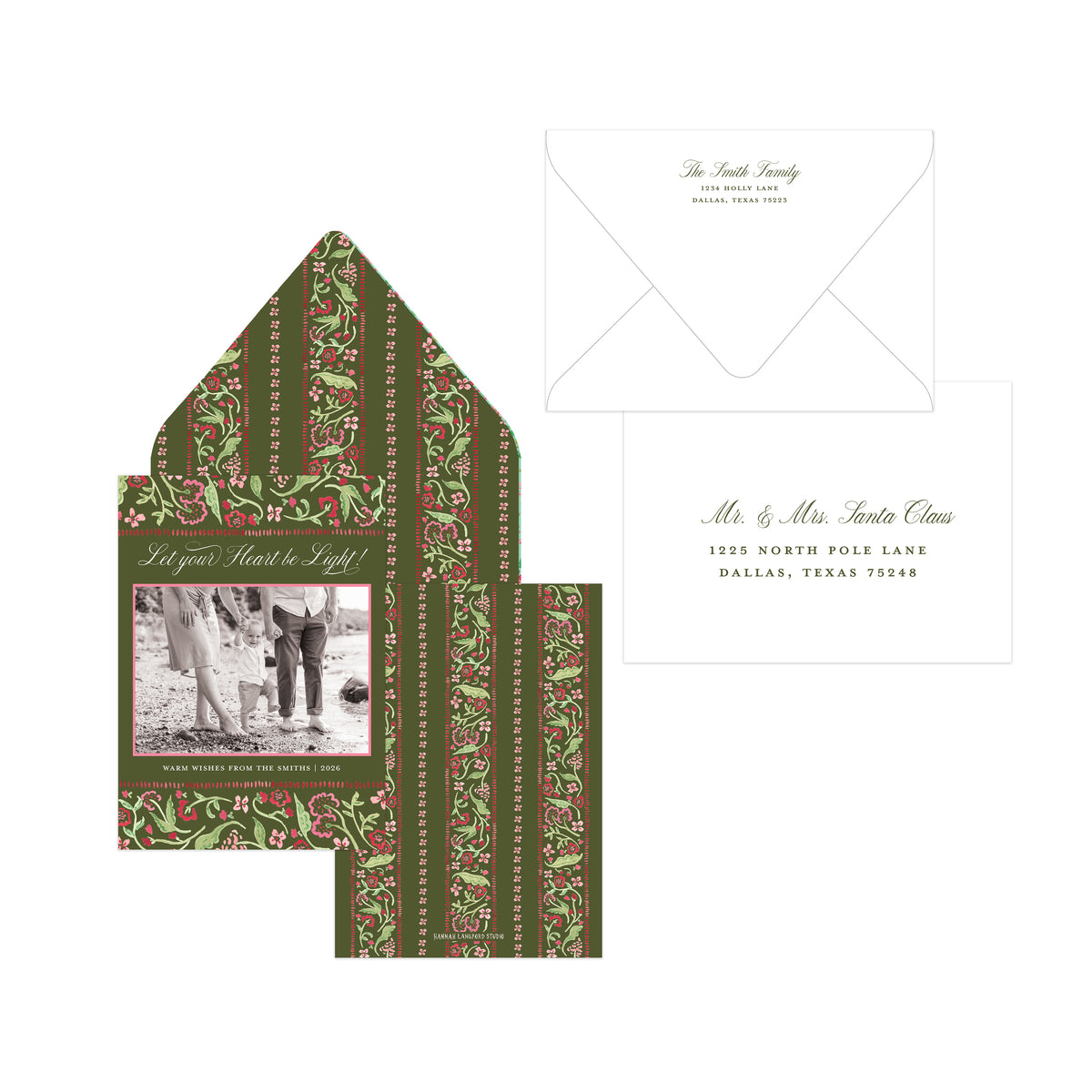 Green, red, and pink floral Christmas card on a white background.