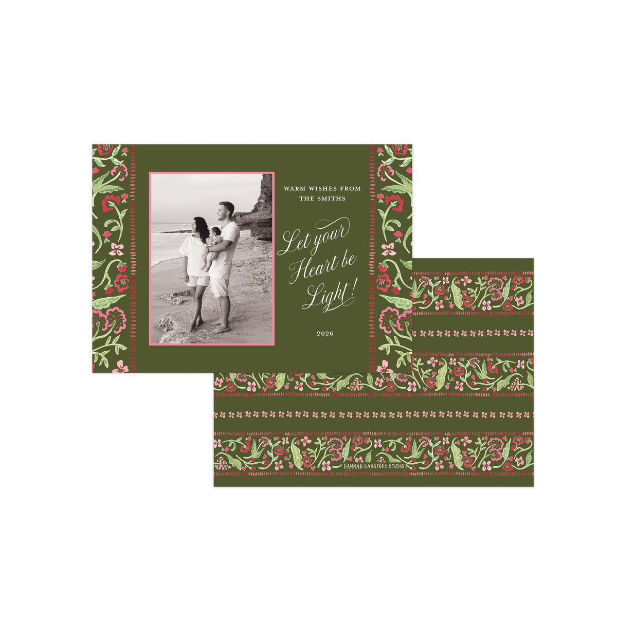 Green, red, and pink floral Christmas card on a white background.