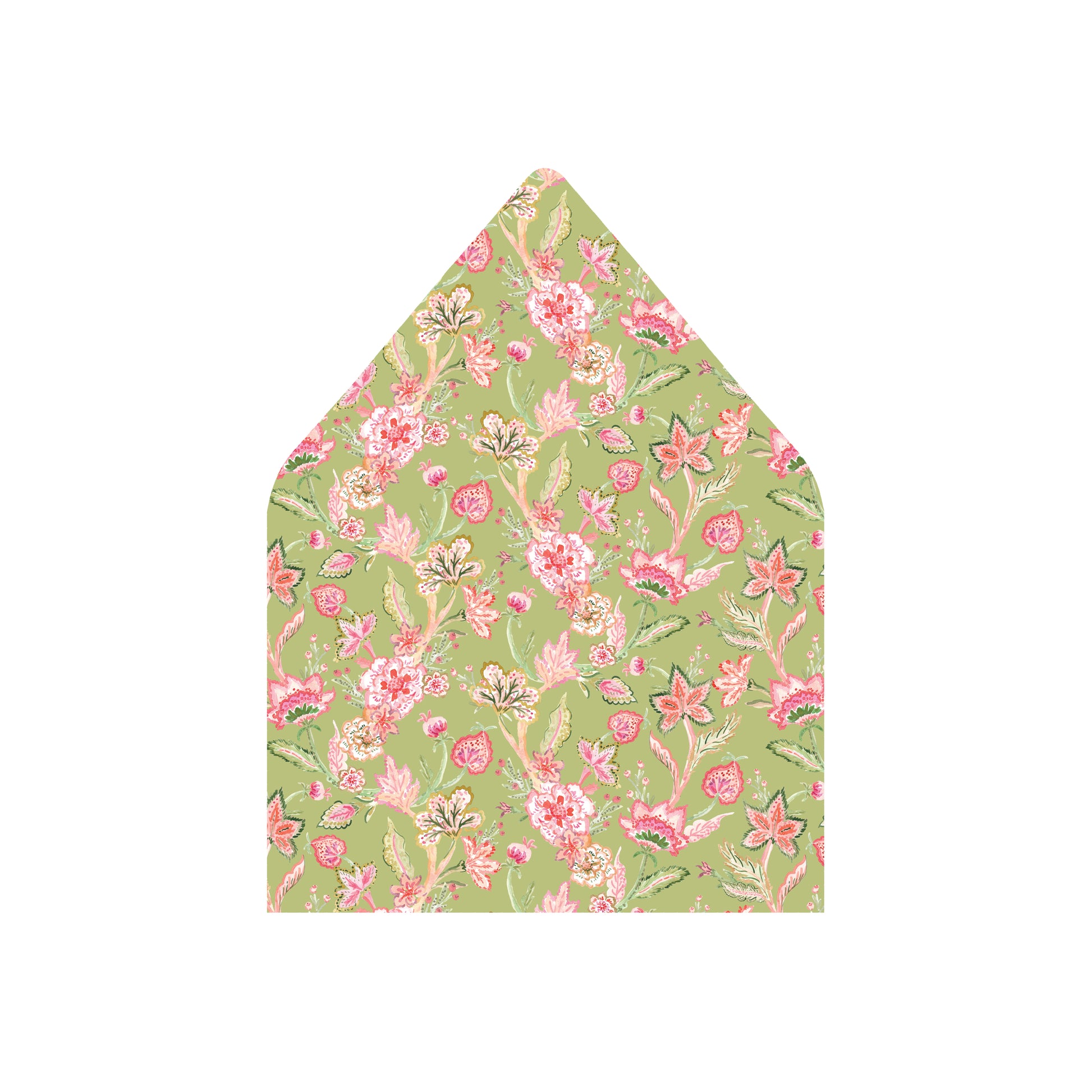 A pointed envelope flap or paper envelope with a light green background and an all-over floral print in pink, coral, and cream, shown on a plain white background.