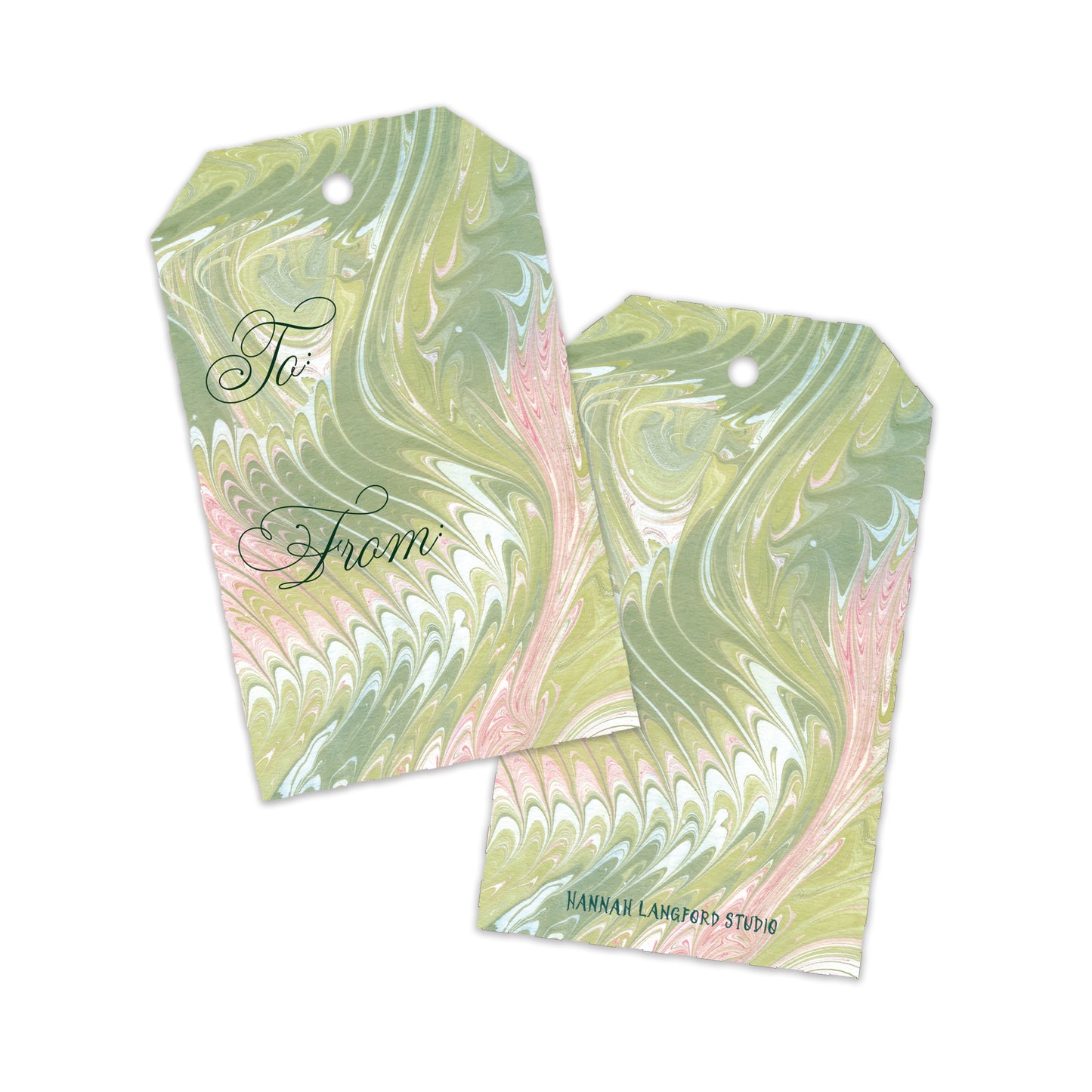 Two decorative gift tags with a green, pink, and white marbled paper design, featuring 'To' and 'From' in elegant black script, displayed on a clean white background.