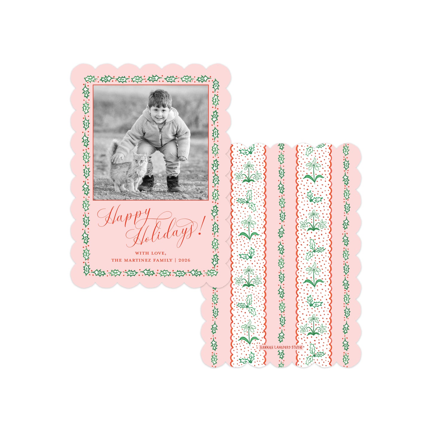 A set of personalized holiday photo cards on a white background. One card is shown with a family photo in a scalloped pink border with green holly patterns and the text 'Happy Holidays! With love, The Martinez Family | 2025'.