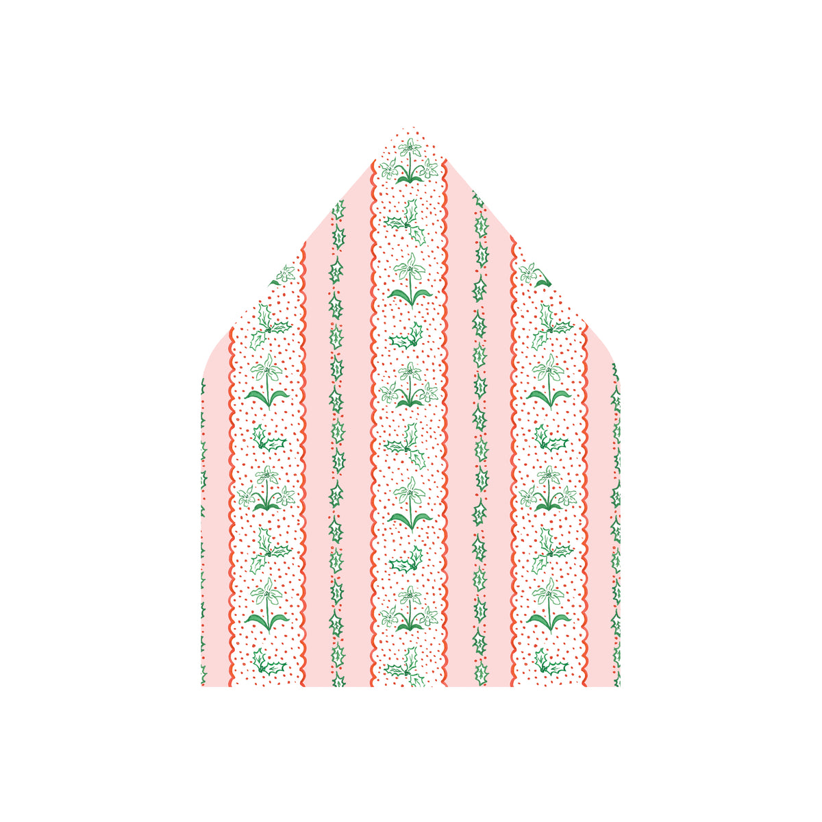 A patterned paper envelope liner or cardstock envelope with vertical stripes in coral red, white, and light pink, decorated with green botanical illustrations and dotted borders.