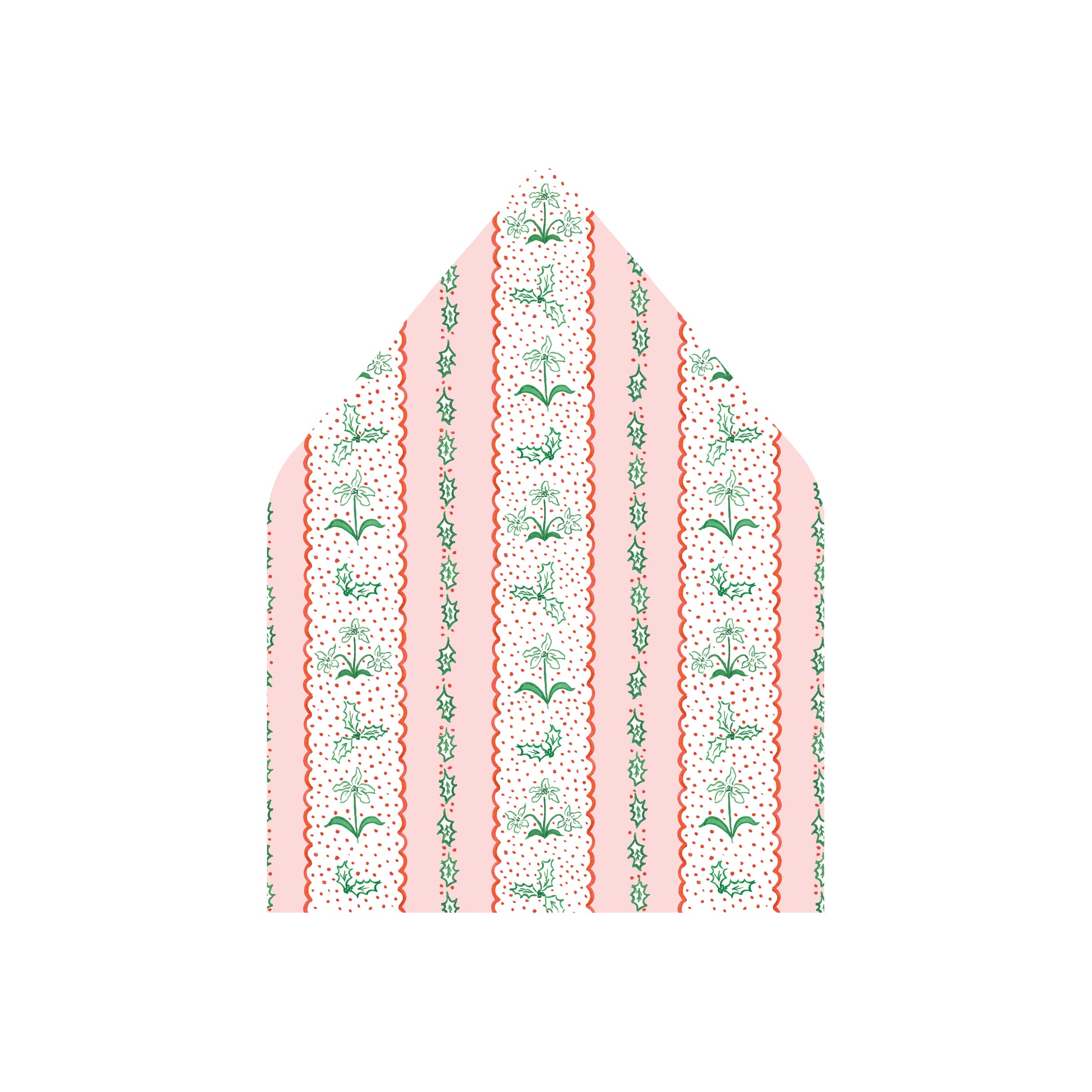 A patterned paper envelope liner or cardstock envelope with vertical stripes in coral red, white, and light pink, decorated with green botanical illustrations and dotted borders.
