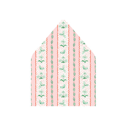 A patterned paper envelope liner or cardstock envelope with vertical stripes in coral red, white, and light pink, decorated with green botanical illustrations and dotted borders.