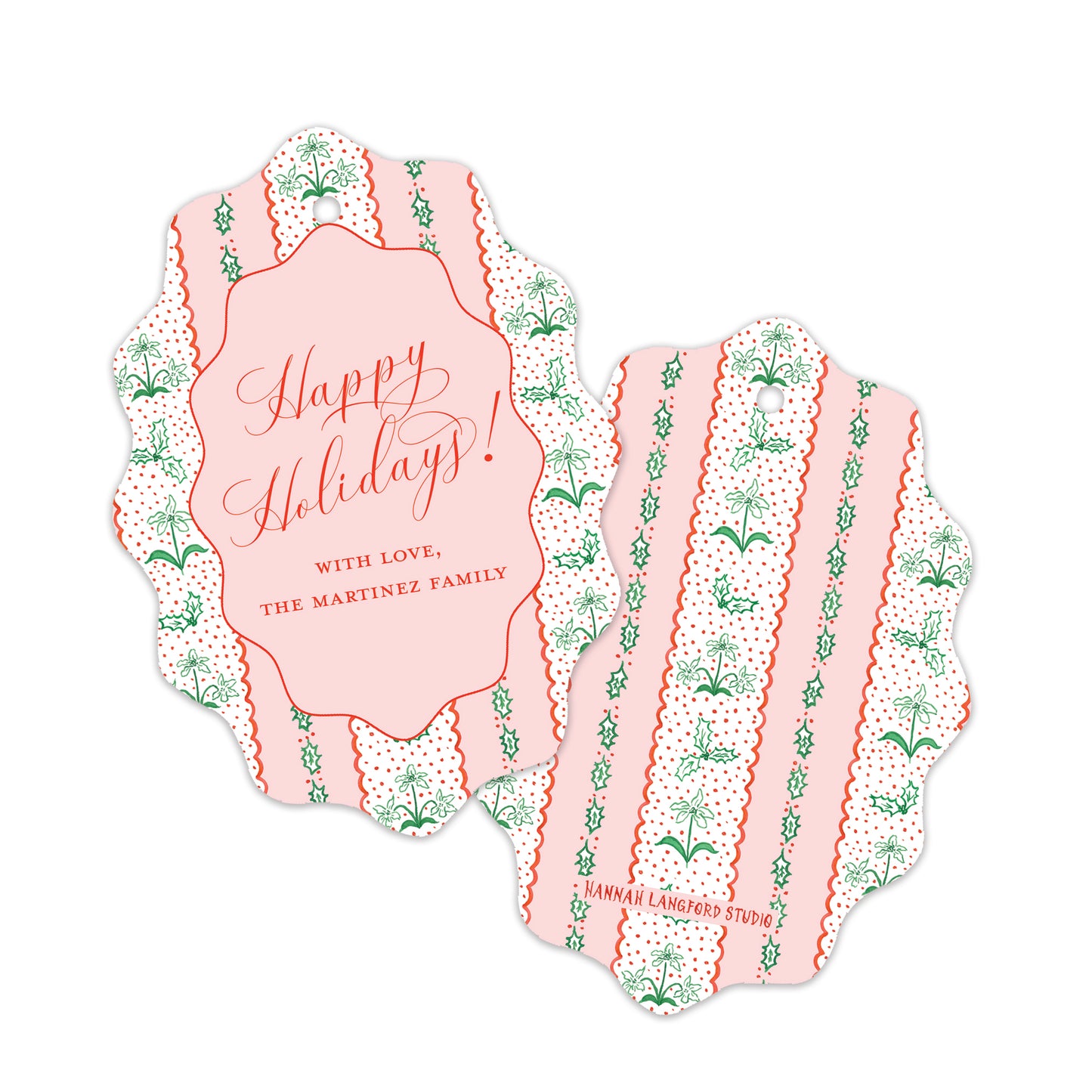Two scalloped holiday gift tags with a pink and white striped pattern, green botanical motifs, and red text. 