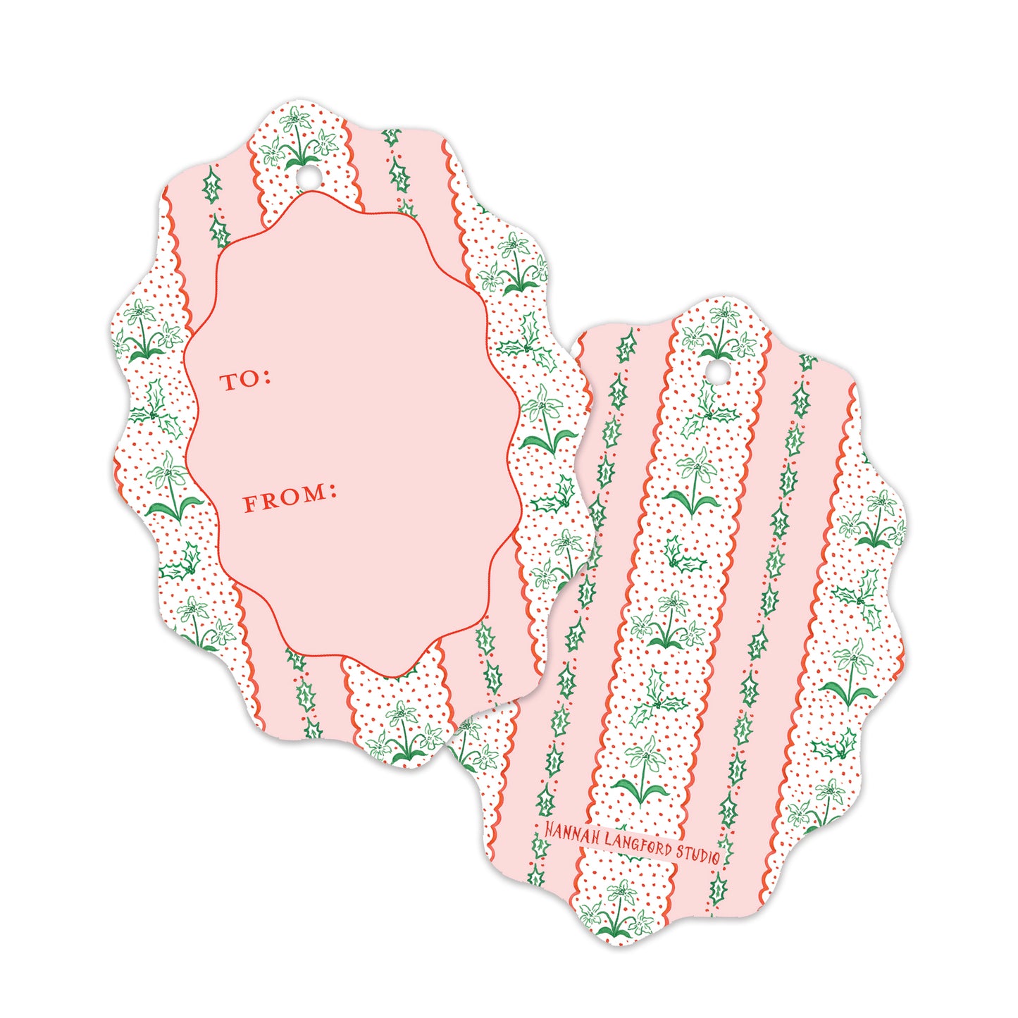 Two scalloped gift tags with a pink and white striped pattern, decorated with green botanical motifs. 