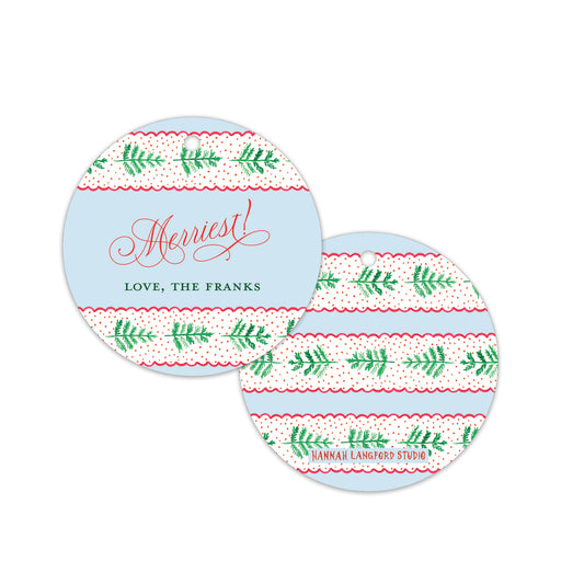 Two round Christmas-themed gift tags with a light blue background and red, green, and white patterned borders. One tag reads 'Merriest! LOVE, THE FRANKS'.
