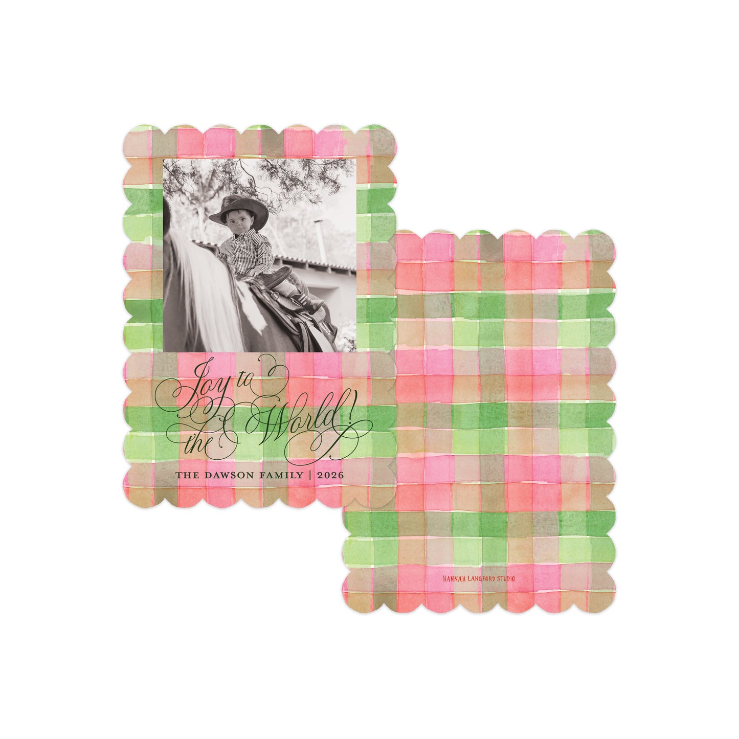 A set of two scalloped-edge photo cards in a pink and green plaid pattern, displayed on a clean white background. 