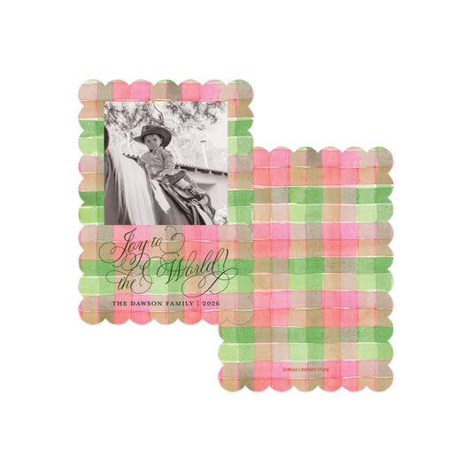 A set of two scalloped-edge photo cards in a pink and green plaid pattern, displayed on a clean white background. 