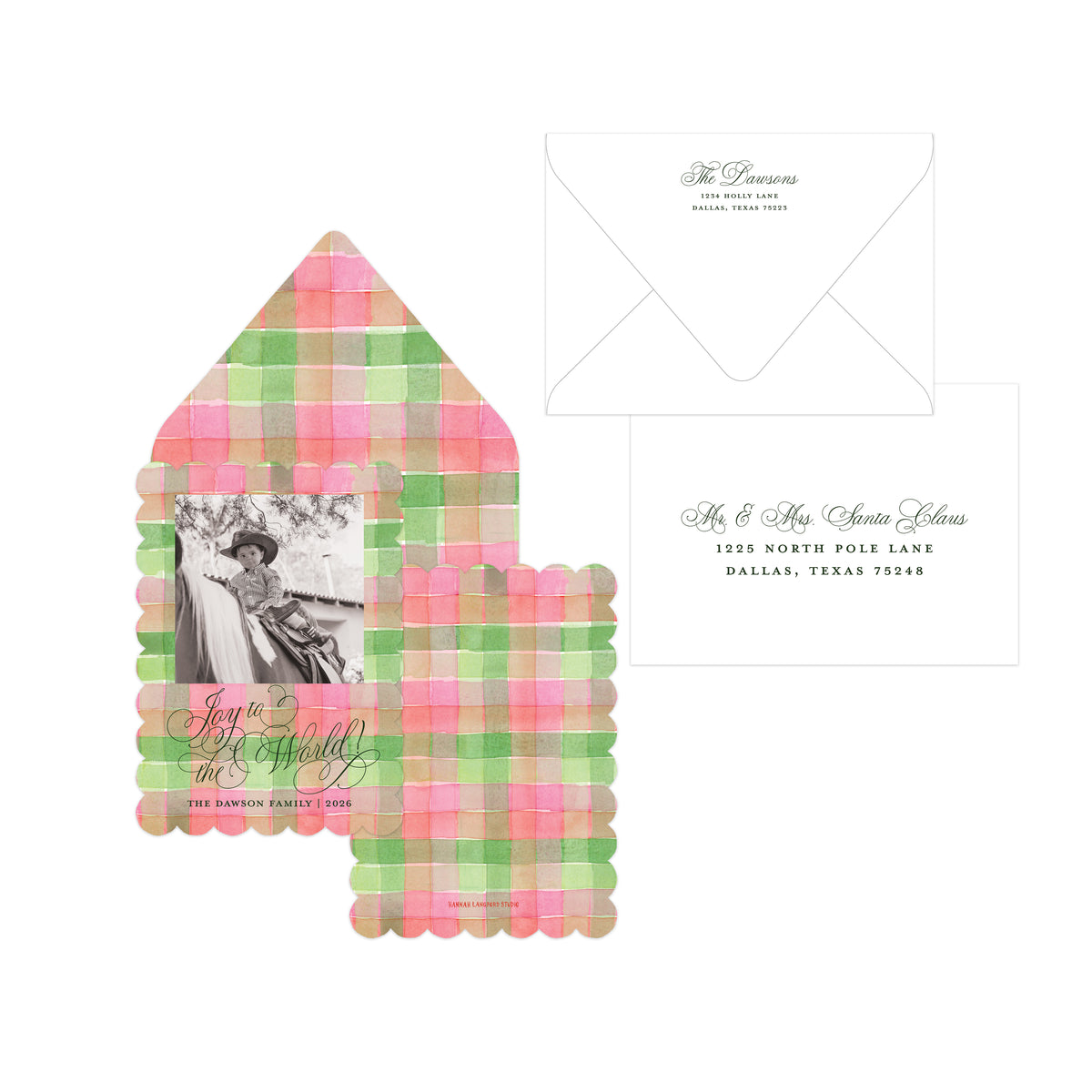 A holiday stationery card collection featuring a colorful plaid pattern.
