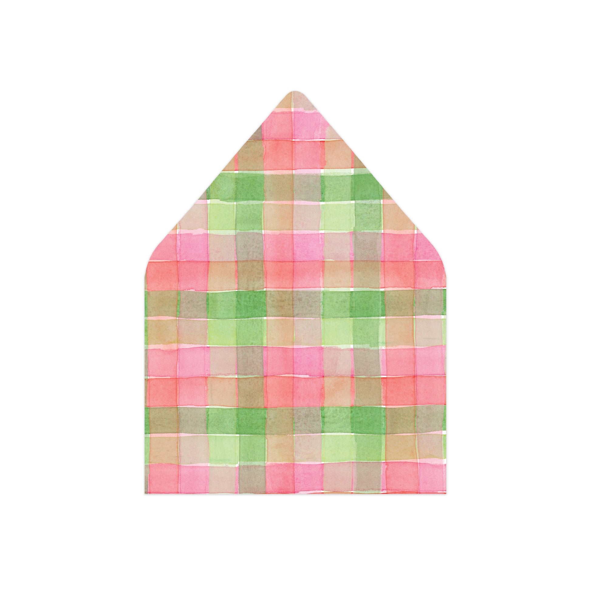 A watercolor plaid patterned envelope flap in shades of pink, green, and beige on a solid white background.