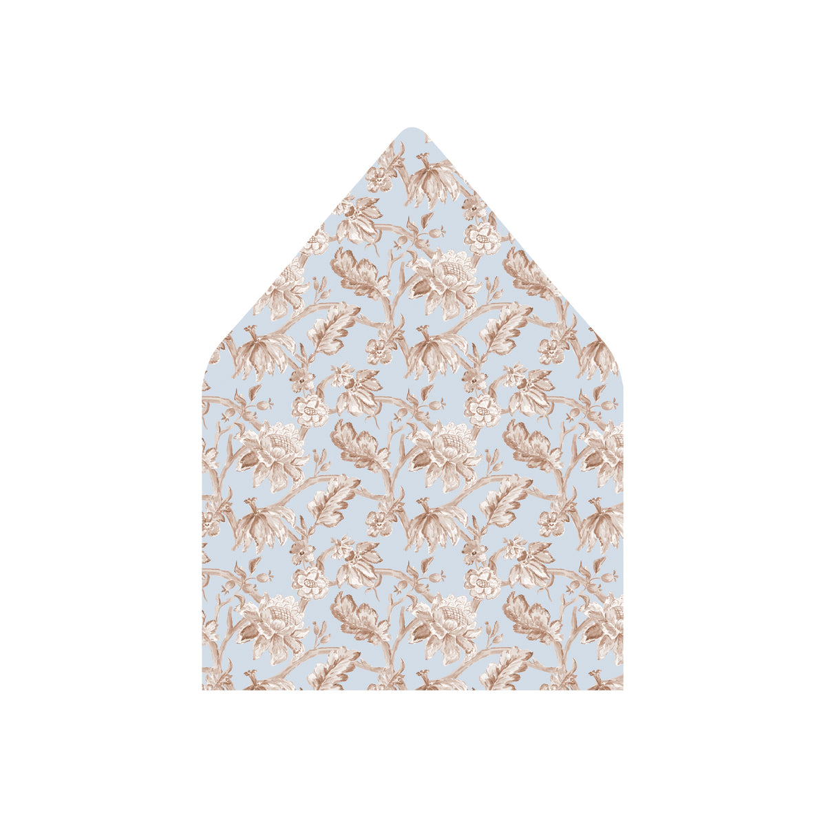 A pointed envelope flap or paper insert featuring a delicate floral toile pattern in beige on a light blue background, shown against a plain white backdrop.