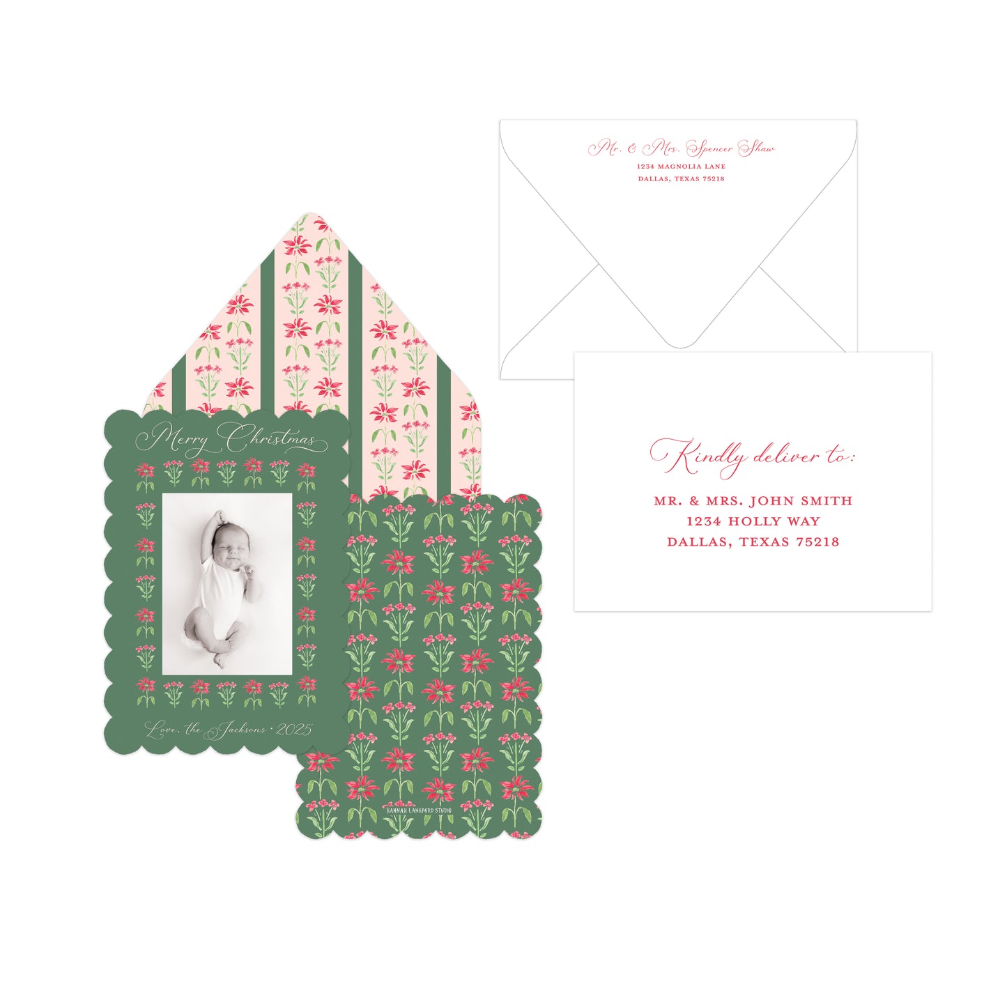 A holiday-themed stationery set featuring a house-shaped photo card with a green border and pink floral pattern, a matching patterned envelope, and a white address card with pink script text on a clean white background.