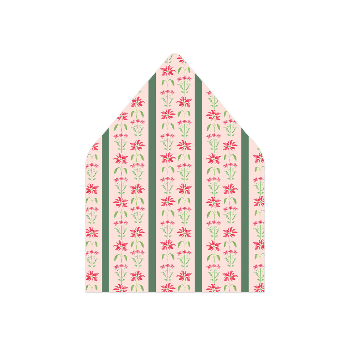 A patterned paper envelope flap or liner with vertical stripes in sage green and cream, decorated with repeating pink and green floral motifs, shown on a plain white background.