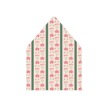 A patterned paper envelope flap or liner with vertical stripes in sage green and cream, decorated with repeating pink and green floral motifs, shown on a plain white background.